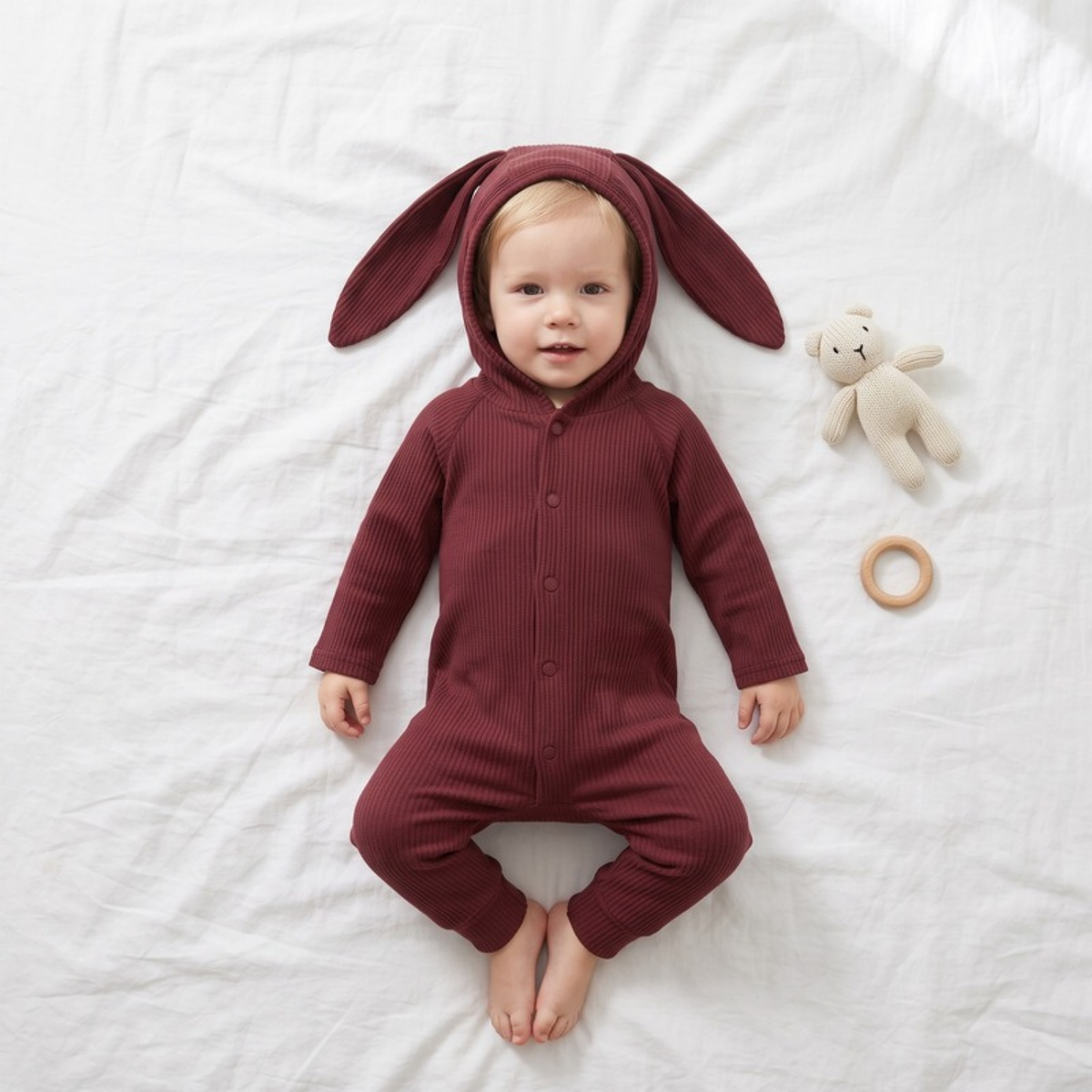 Lilo Bunny Ear Hooded Romper - Wine Red