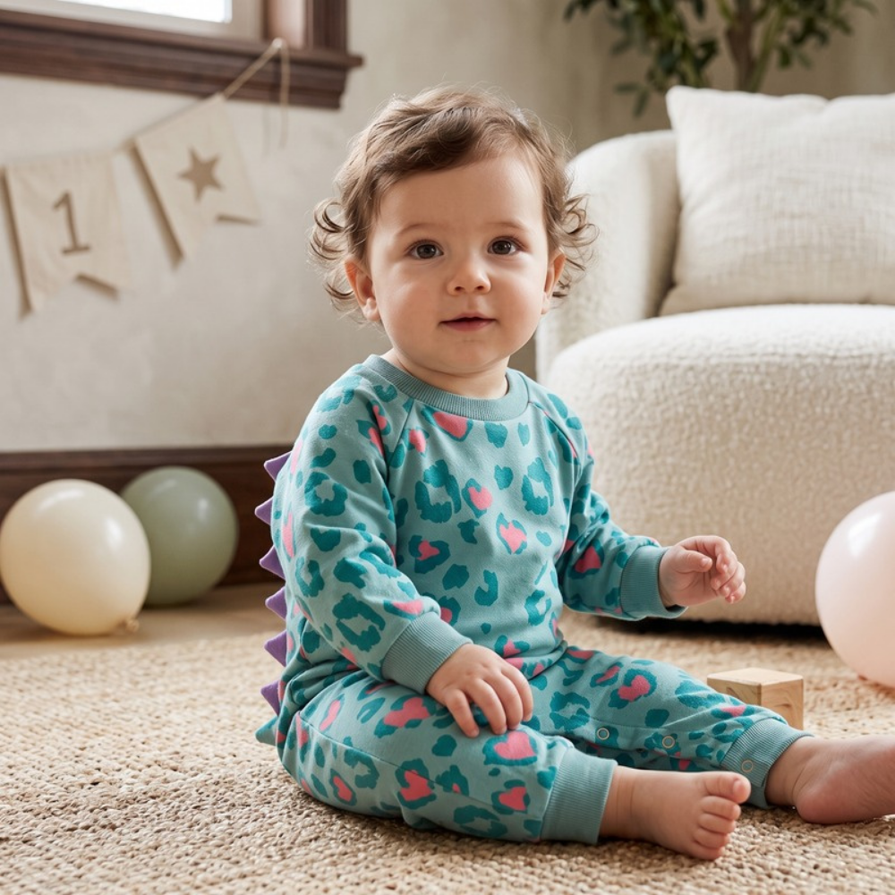 Lilo Dino Spike Heart Romper - Sage Long Sleeve
