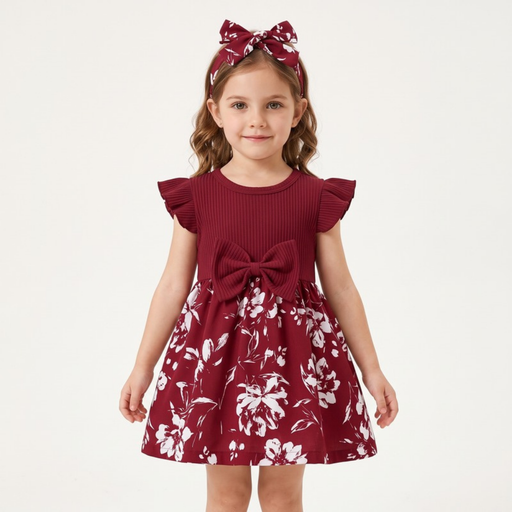 Lilo Bow Flutter Sleeve Princess Dress - Wine Red