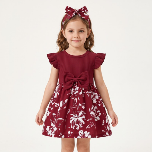 Lilo Bow Flutter Sleeve Princess Dress - Wine Red