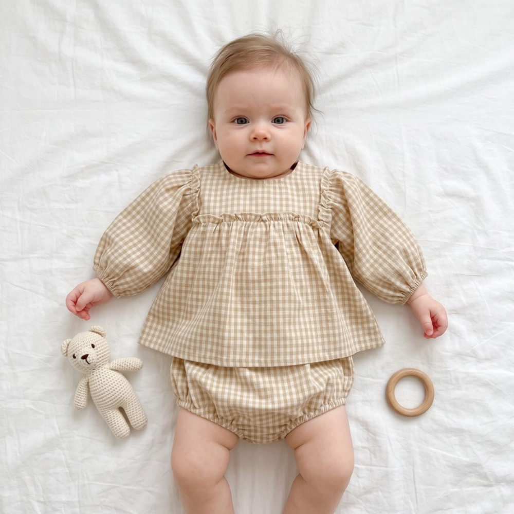 Lilo Plaid Puff Sleeve Set - Oatmeal