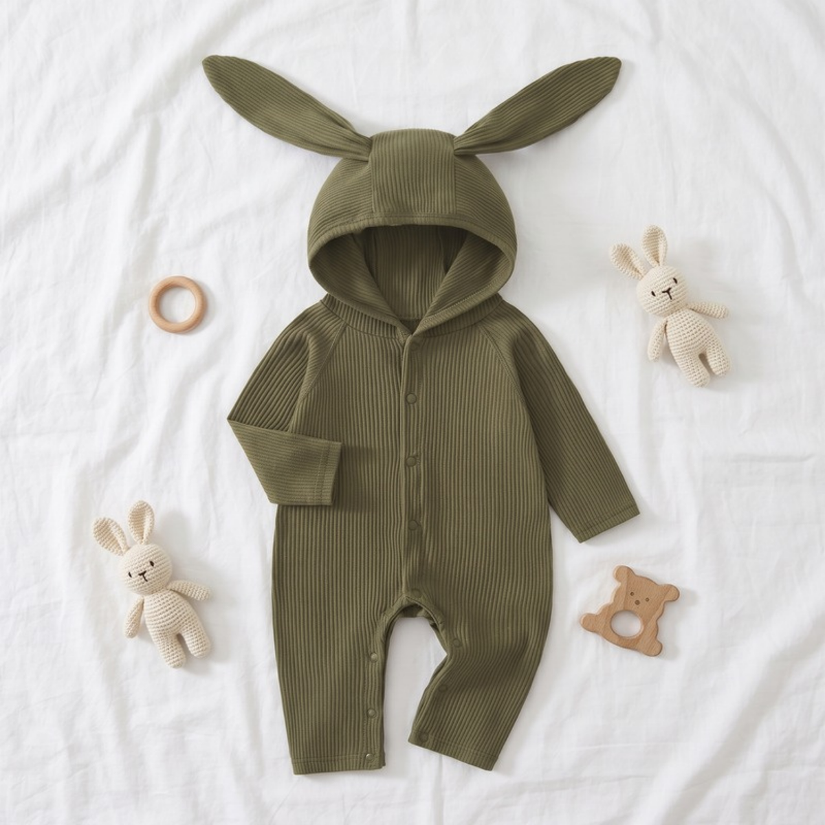 Lilo Bunny Ear Hooded Romper - Olive Green