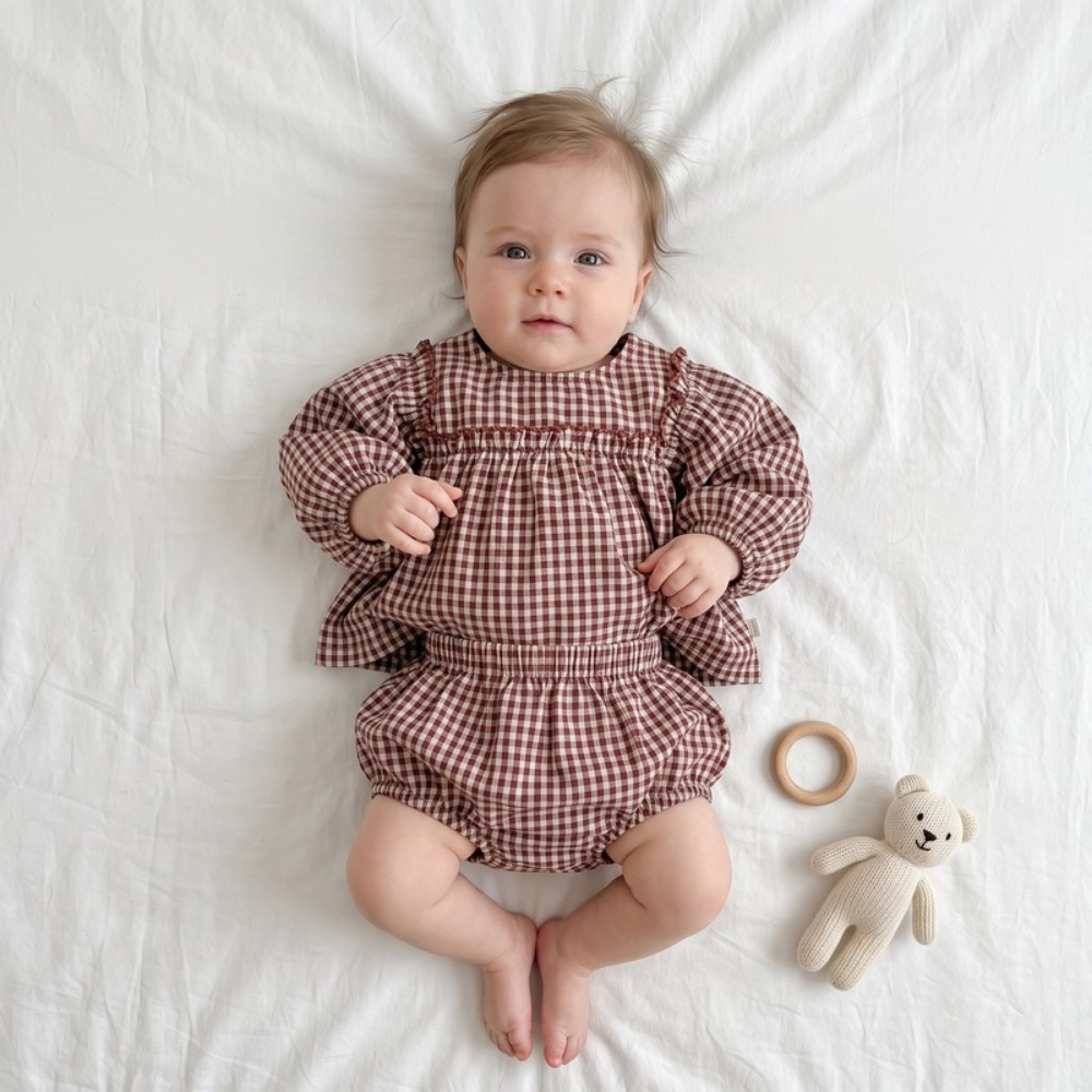 Lilo Plaid Puff Sleeve Set - Brown