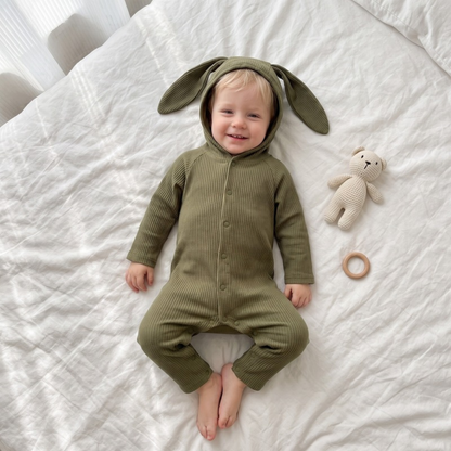 Lilo Bunny Ear Hooded Romper - Olive Green