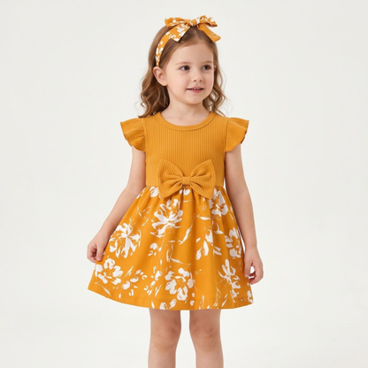 Lilo Bow Flutter Sleeve Princess Dress - Mustard