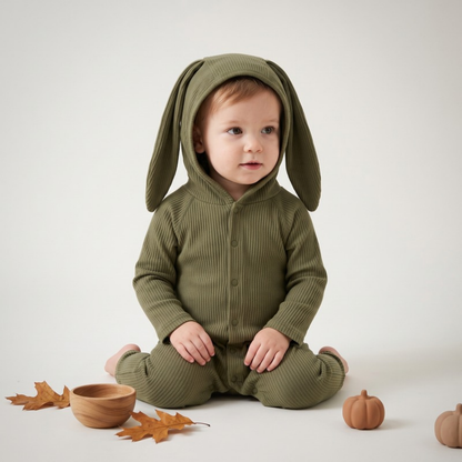 Lilo Bunny Ear Hooded Romper - Olive Green
