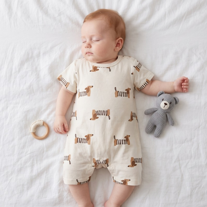 Lilo Short Sleeve Baby Romper - Striped Dog