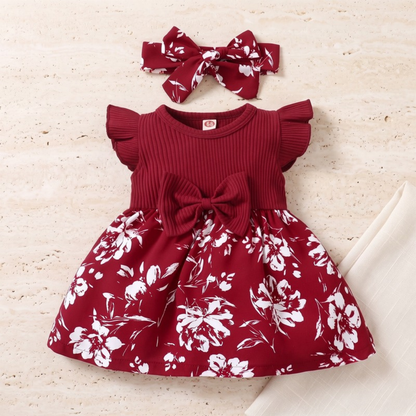 Lilo Bow Flutter Sleeve Princess Dress - Wine Red