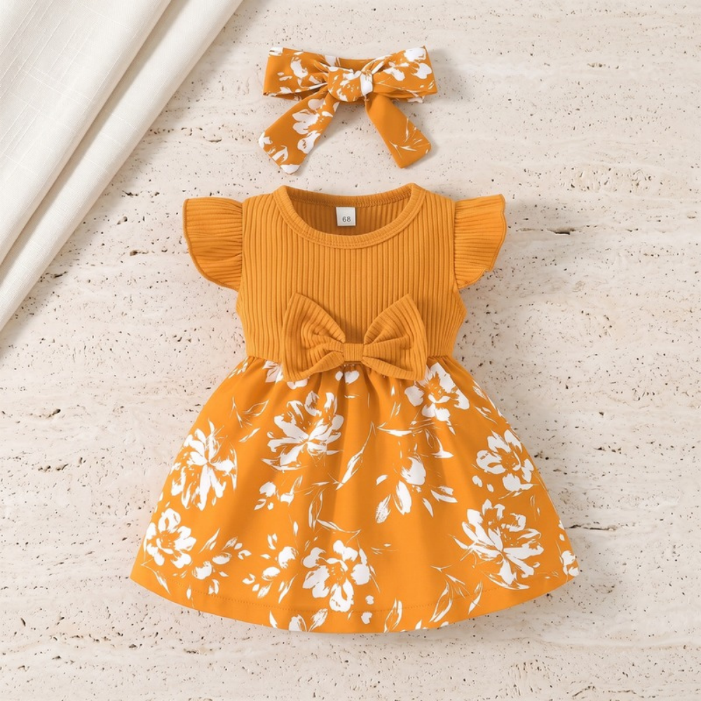 Lilo Bow Flutter Sleeve Princess Dress - Mustard