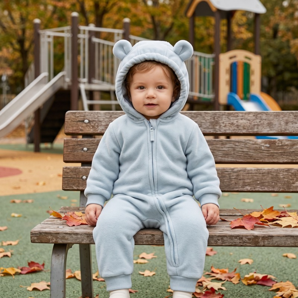 Lilo Hooded Fleece Baby Jumpsuit - Mist Blue