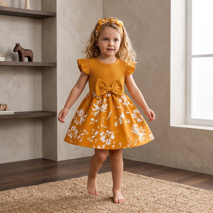 Lilo Bow Flutter Sleeve Princess Dress - Mustard