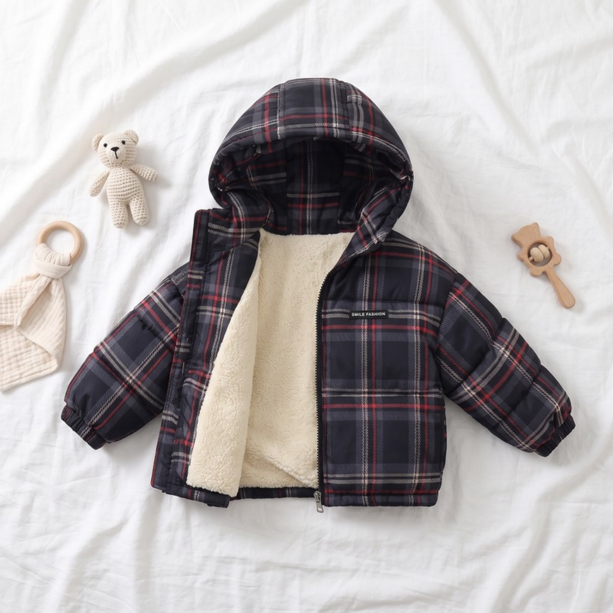 Lilo Floral Fleece Lined Coat - Charcoal Tartan Plaid