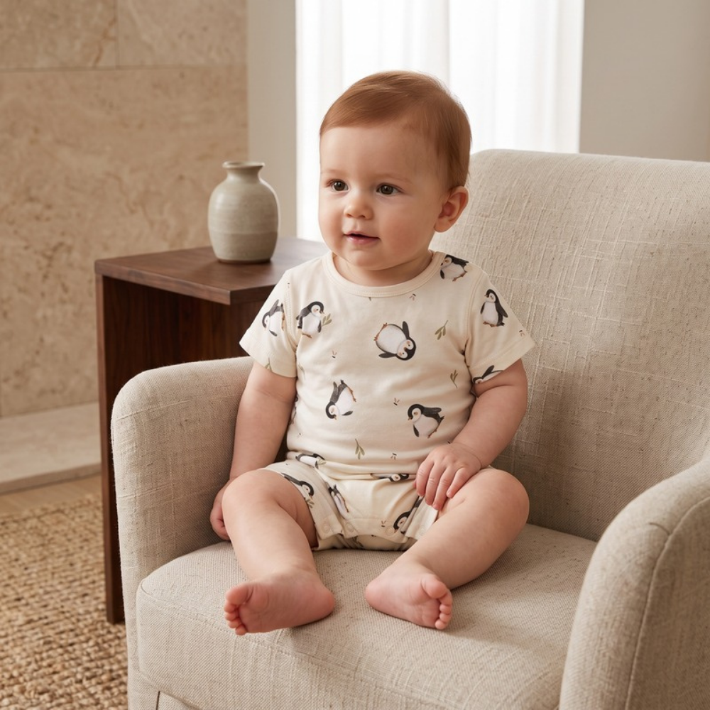 Lilo Short Sleeve Baby Romper - Penguin