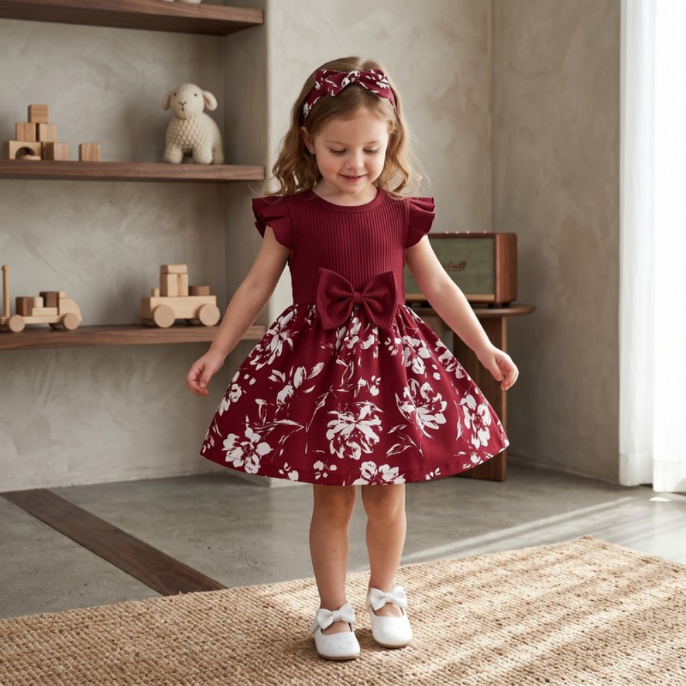 Lilo Bow Flutter Sleeve Princess Dress - Wine Red