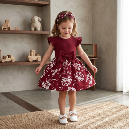 Lilo Bow Flutter Sleeve Princess Dress - Wine Red