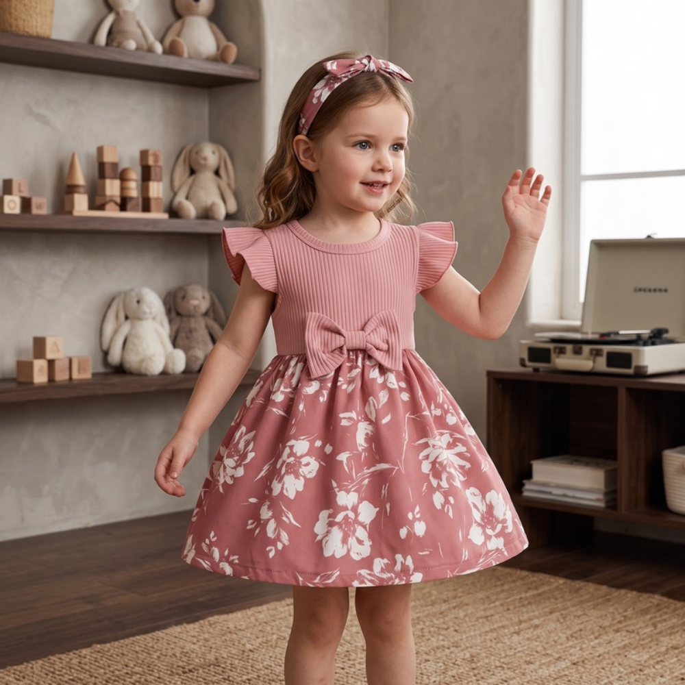Lilo Bow Flutter Sleeve Princess Dress - Pink