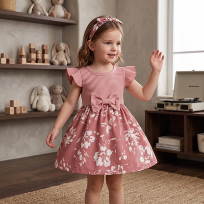 Lilo Bow Flutter Sleeve Princess Dress - Pink