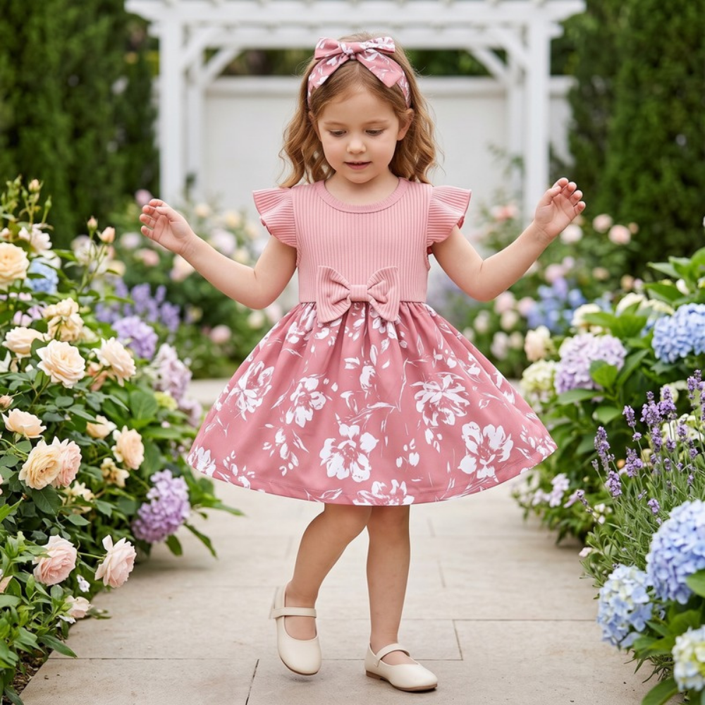 Lilo Bow Flutter Sleeve Princess Dress - Pink