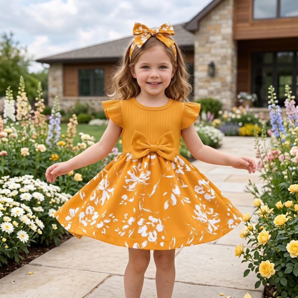 Lilo Bow Flutter Sleeve Princess Dress - Mustard