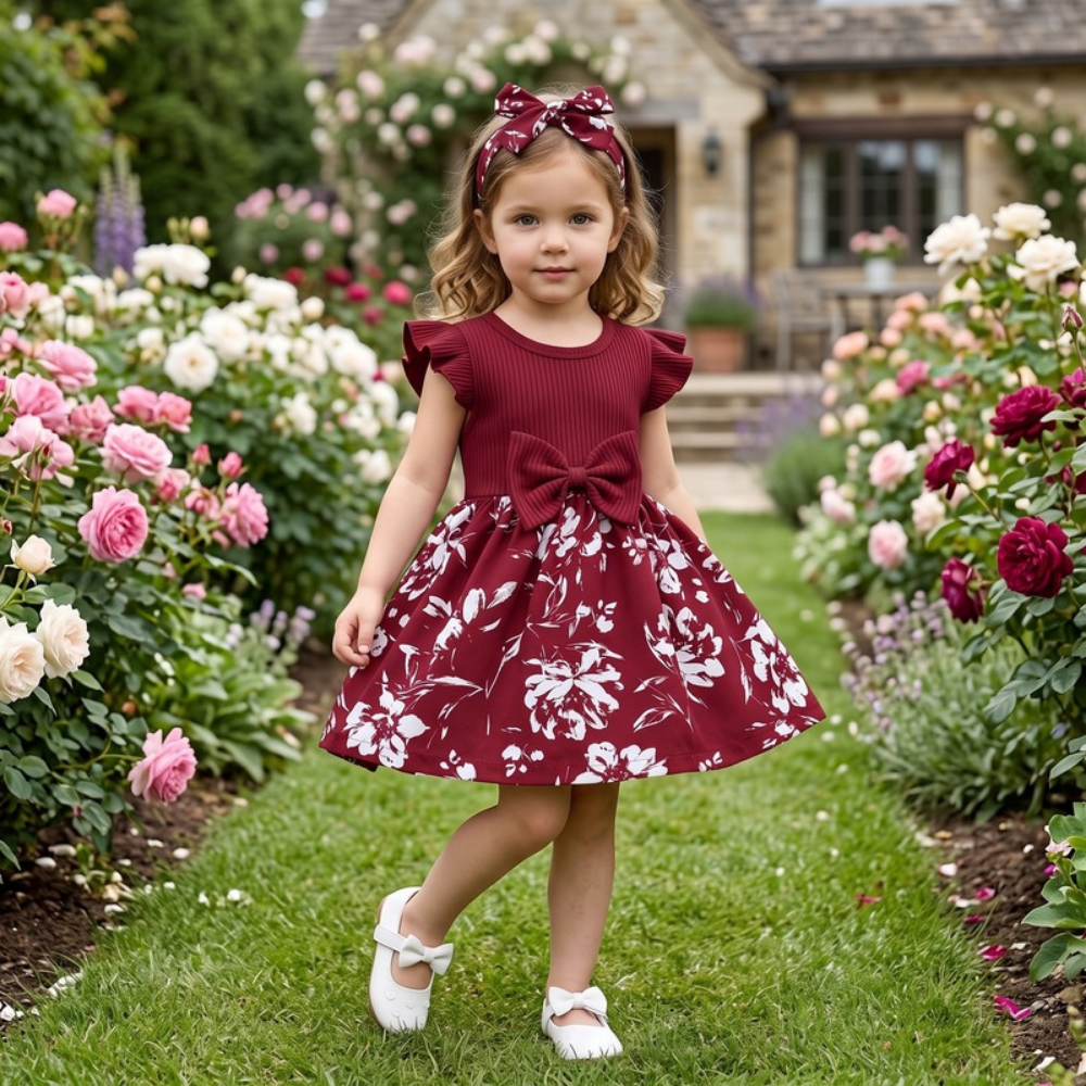 Lilo Bow Flutter Sleeve Princess Dress - Wine Red