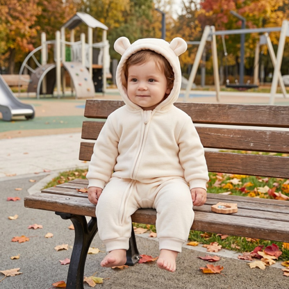 Lilo Hooded Fleece Baby Jumpsuit - Beige