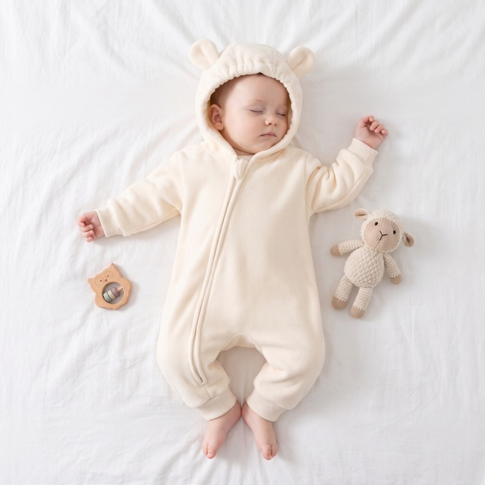 Lilo Hooded Fleece Baby Jumpsuit - Beige