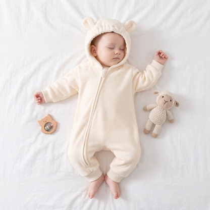 Lilo Hooded Fleece Baby Jumpsuit - Beige