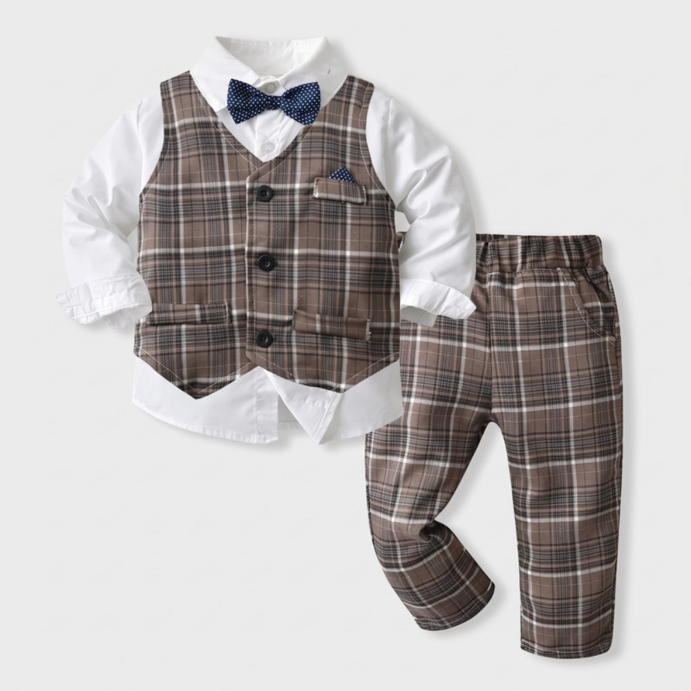 Lilo Boys Waistcoat Suit Set - Brown Plaid