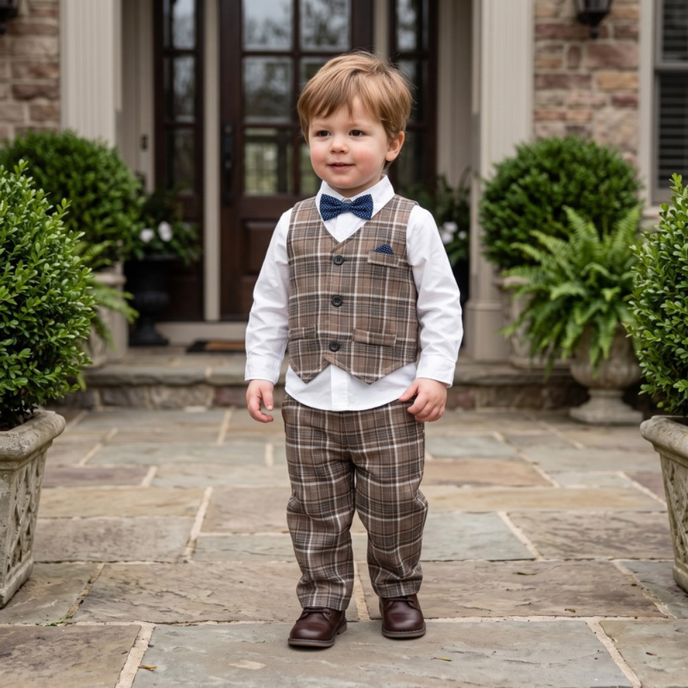 Lilo Boys Waistcoat Suit Set - Brown Plaid