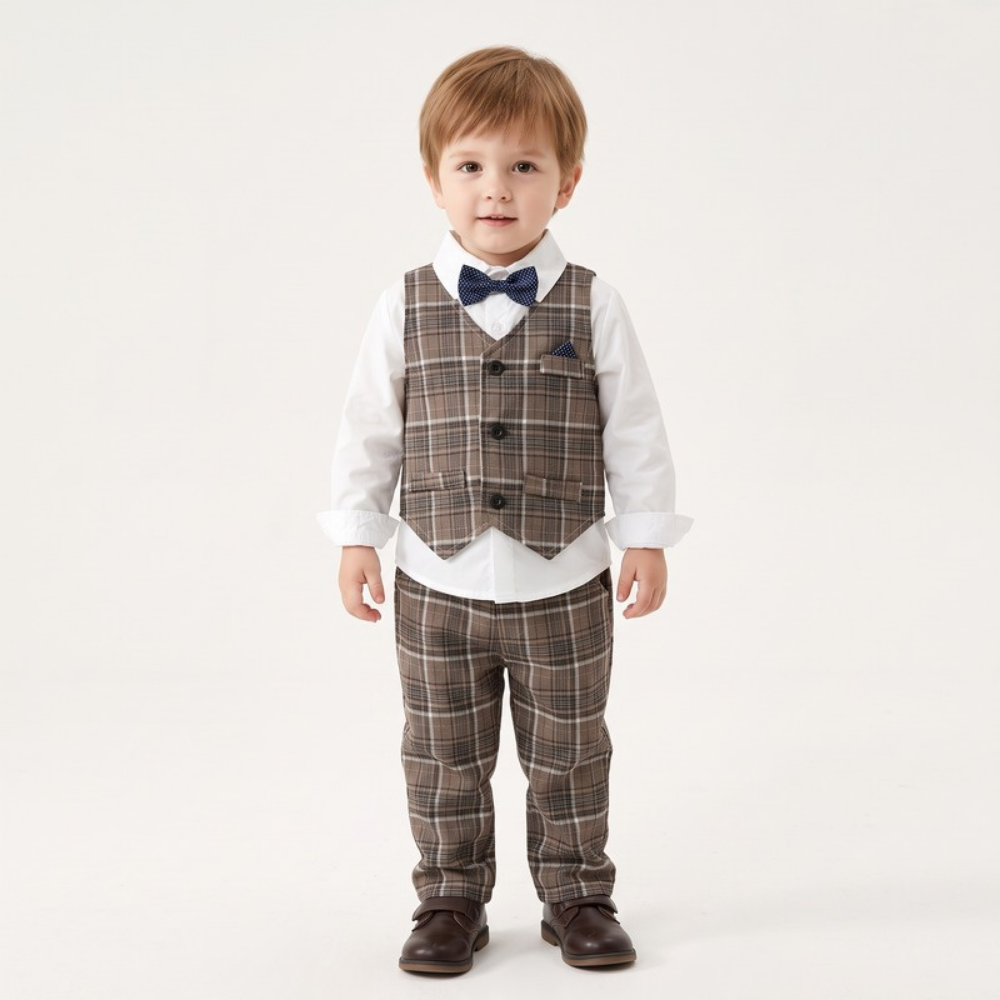 Lilo Boys Waistcoat Suit Set - Brown Plaid