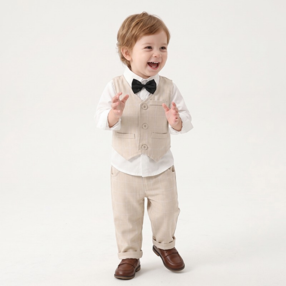Lilo Boys Waistcoat Suit Set - Beige Check