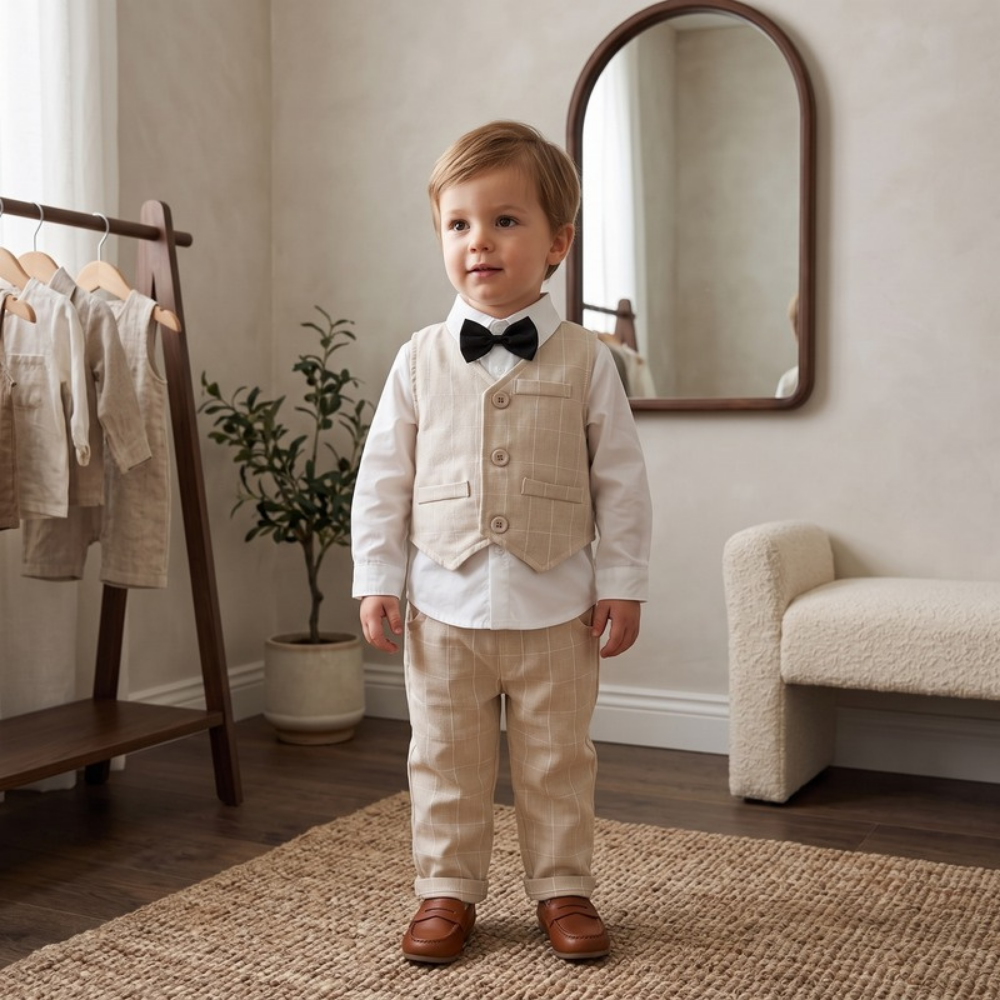 Lilo Boys Waistcoat Suit Set - Beige Check