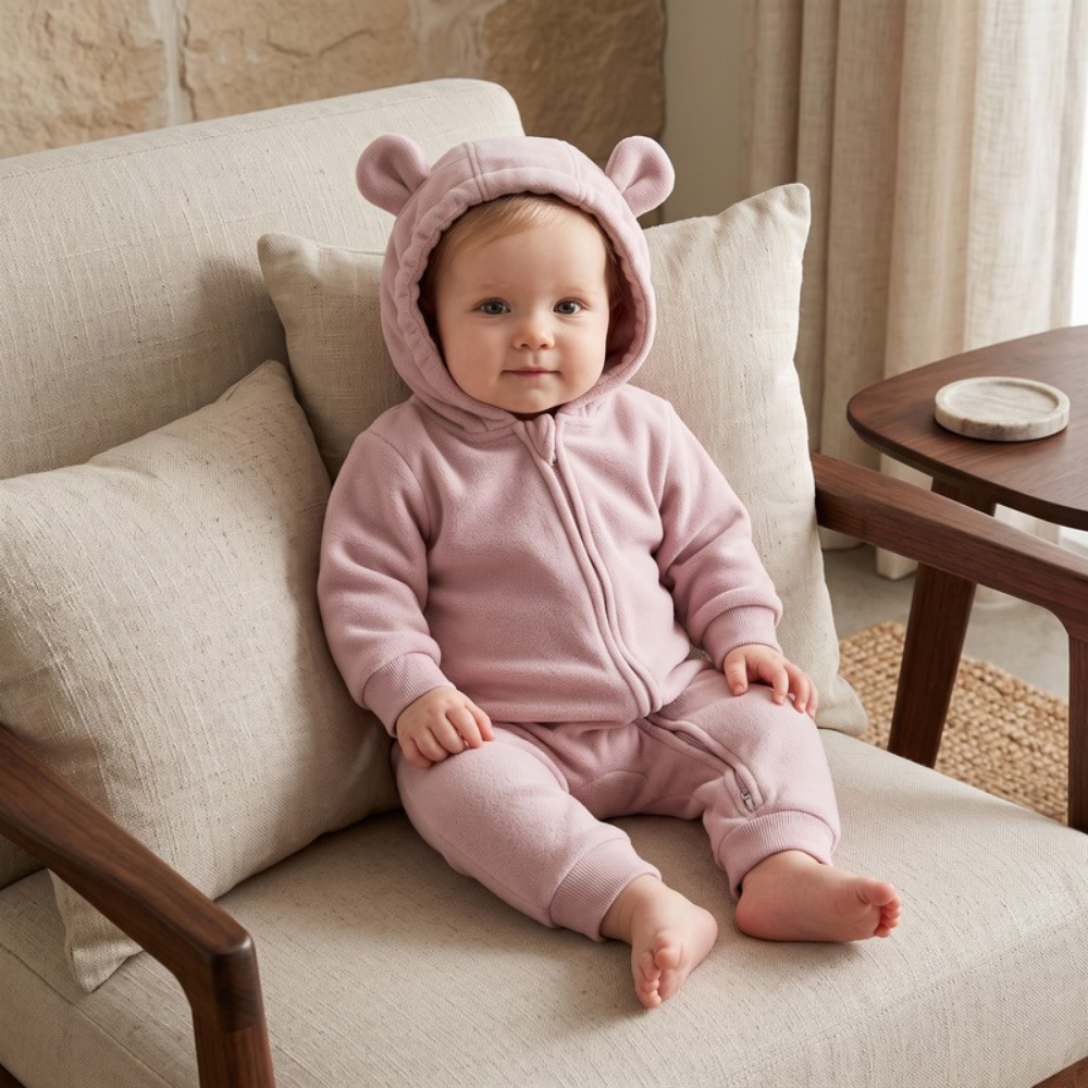 Lilo Hooded Fleece Baby Jumpsuit - Dusty Rose