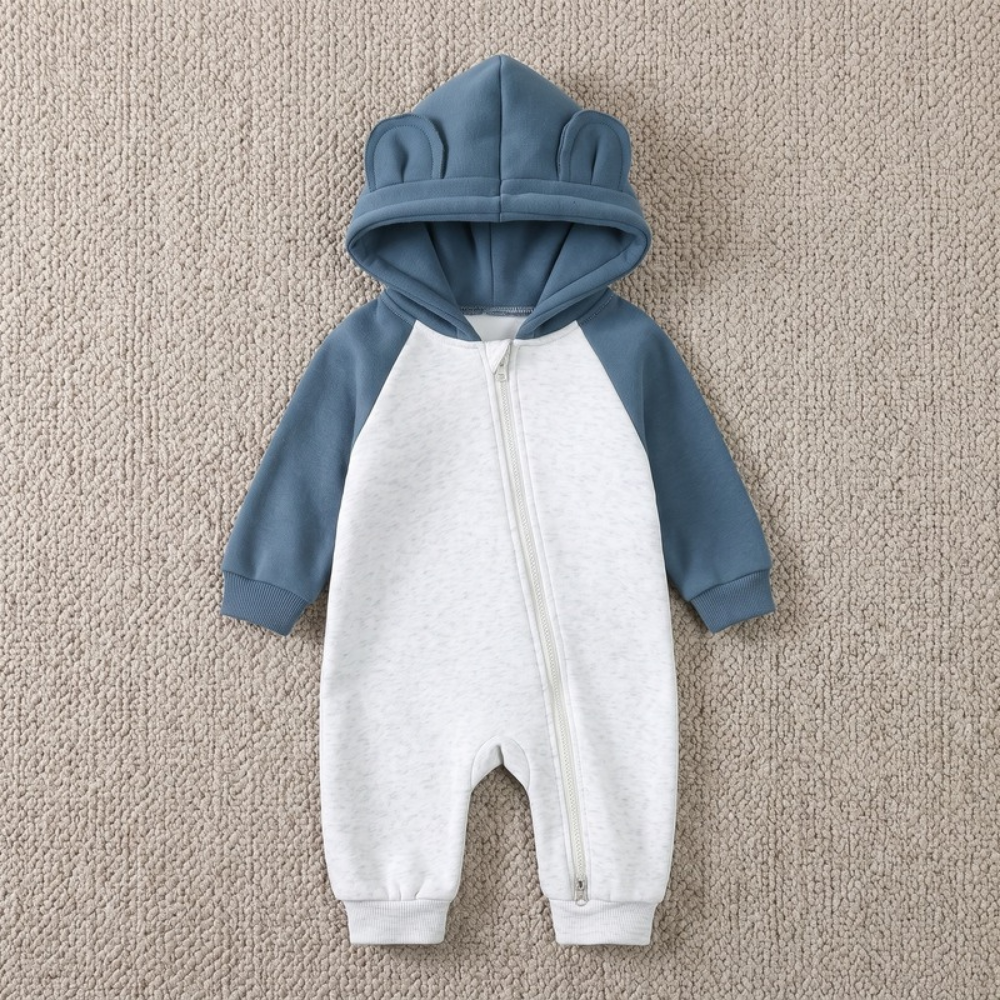 Lilo Cotton Hooded Baby Romper - Blue and Grey