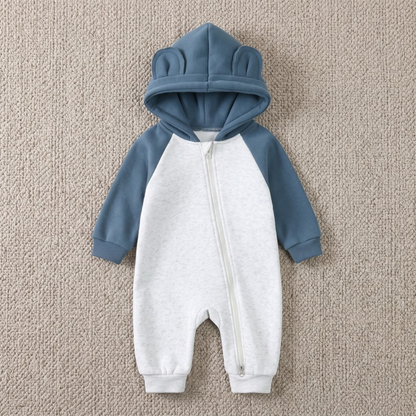 Lilo Cotton Hooded Baby Romper - Blue and Grey