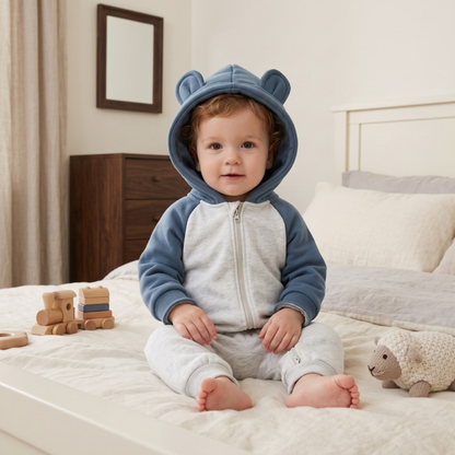Lilo Cotton Hooded Baby Romper - Blue and Grey