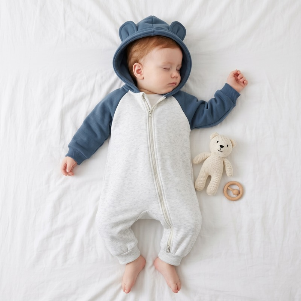 Lilo Cotton Hooded Baby Romper - Blue and Grey
