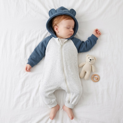 Lilo Cotton Hooded Baby Romper - Blue and Grey