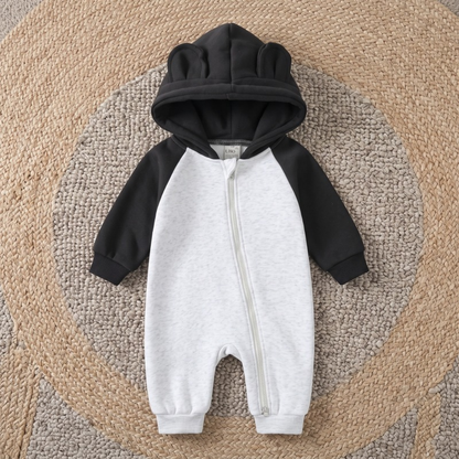 Lilo Cotton Hooded Baby Romper - Black and Grey