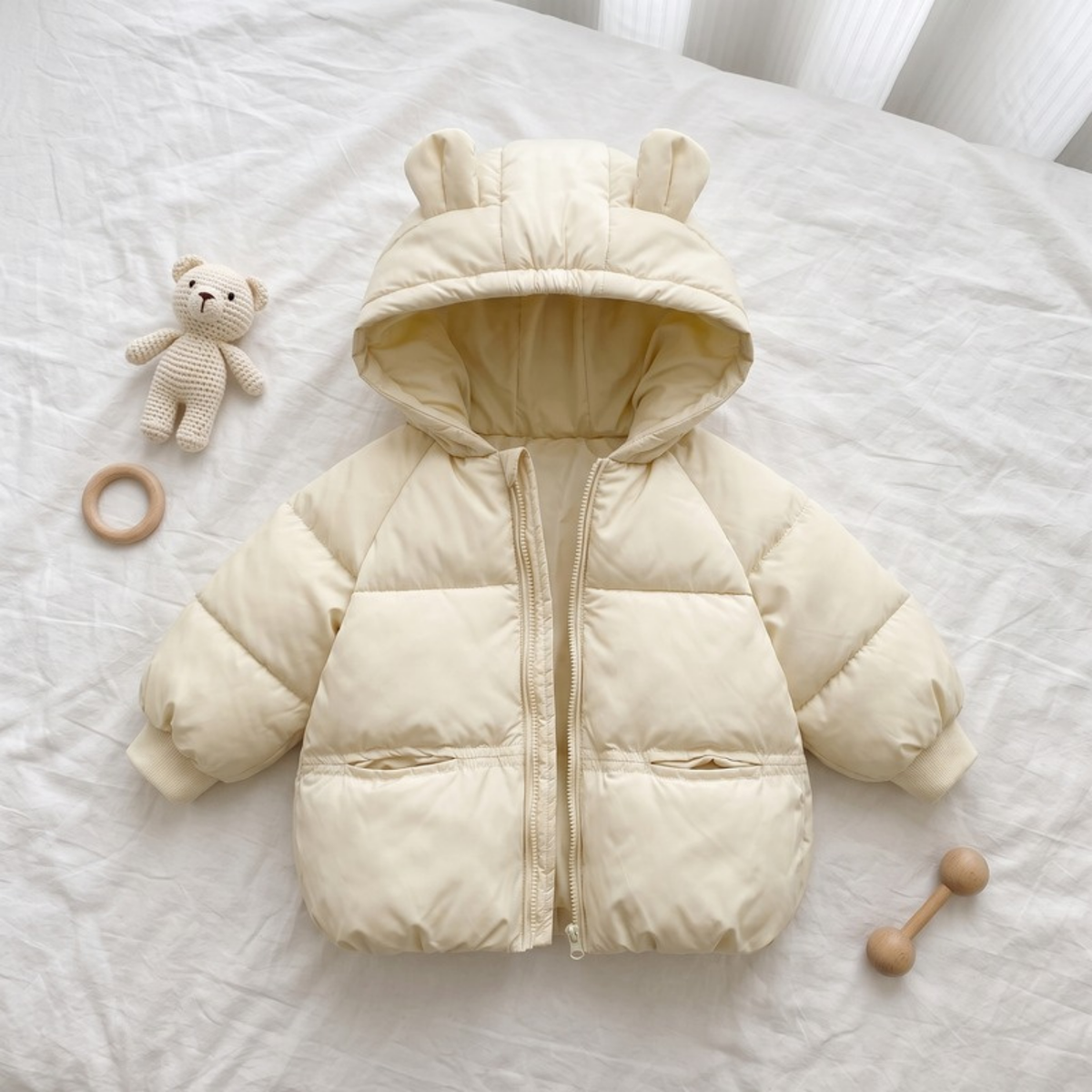 Lilo Cartoon Hooded Baby Coat - Cream