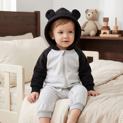 Lilo Cotton Hooded Baby Romper - Black and Grey