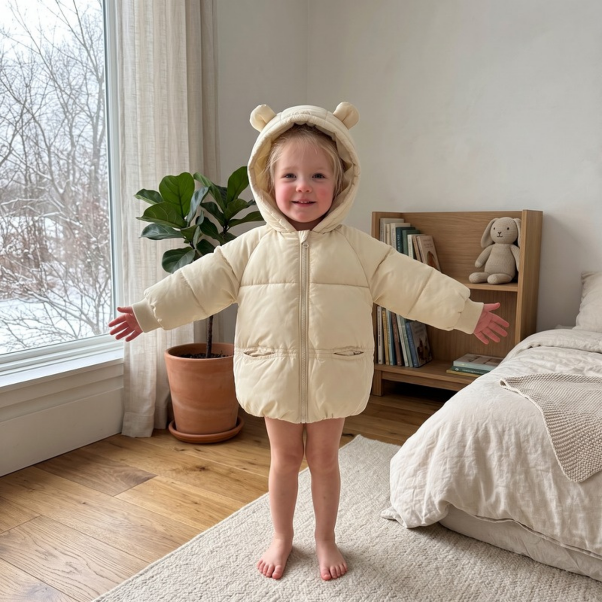 Lilo Cartoon Hooded Baby Coat - Cream