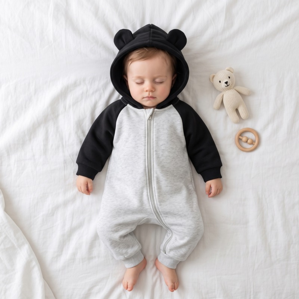 Lilo Cotton Hooded Baby Romper - Black and Grey
