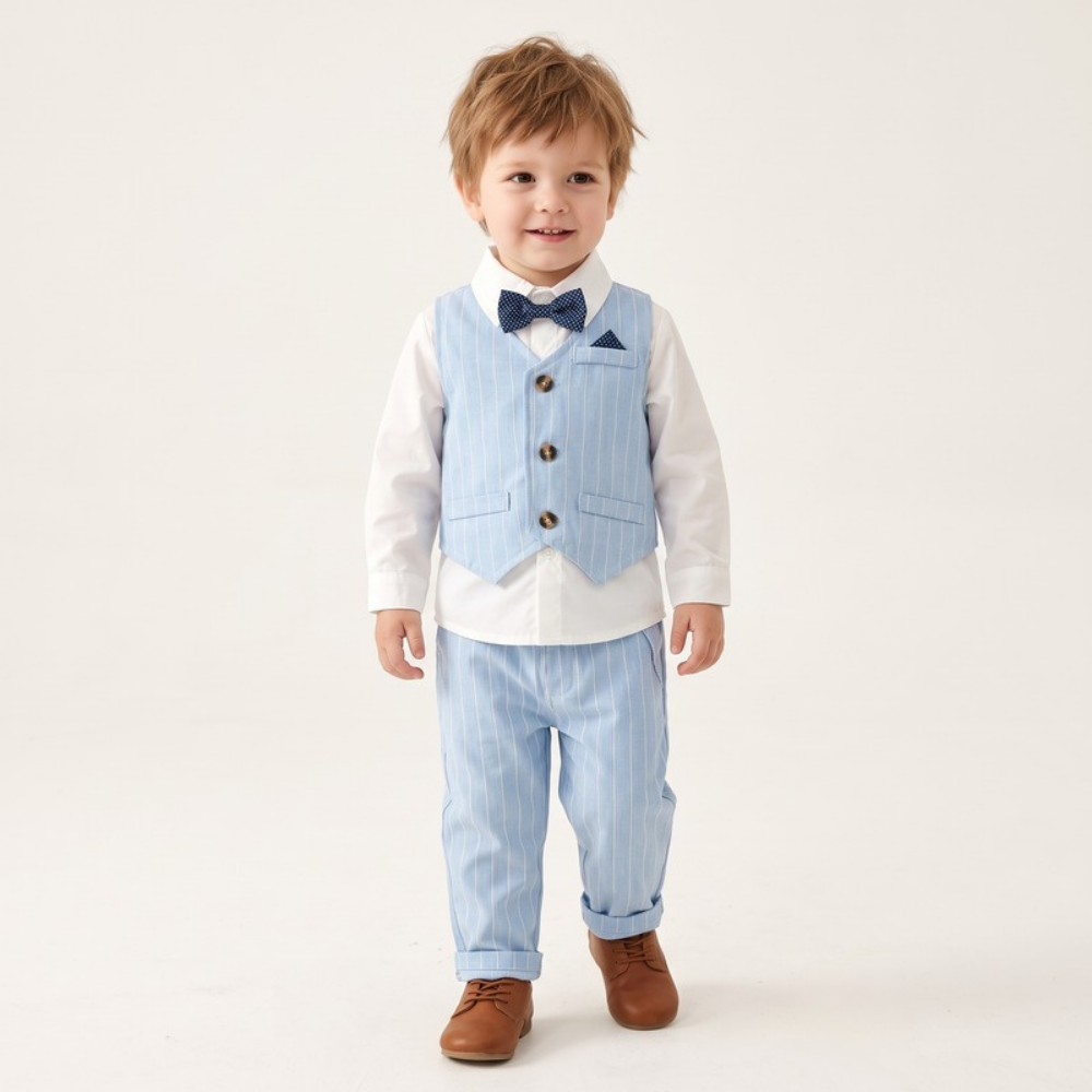 Lilo Boys Waistcoat Suit Set - Light Blue Pinstripe