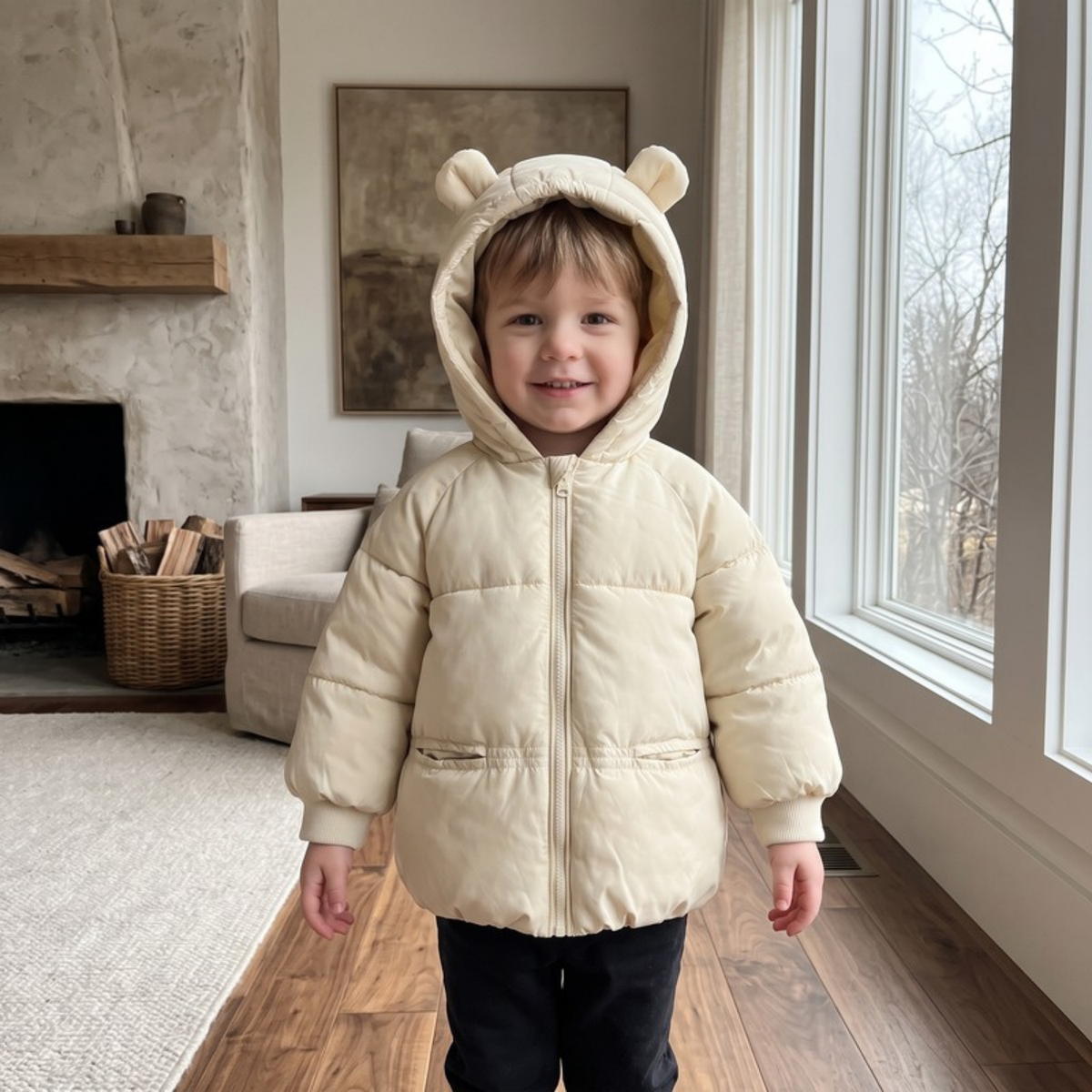 Lilo Cartoon Hooded Baby Coat - Cream