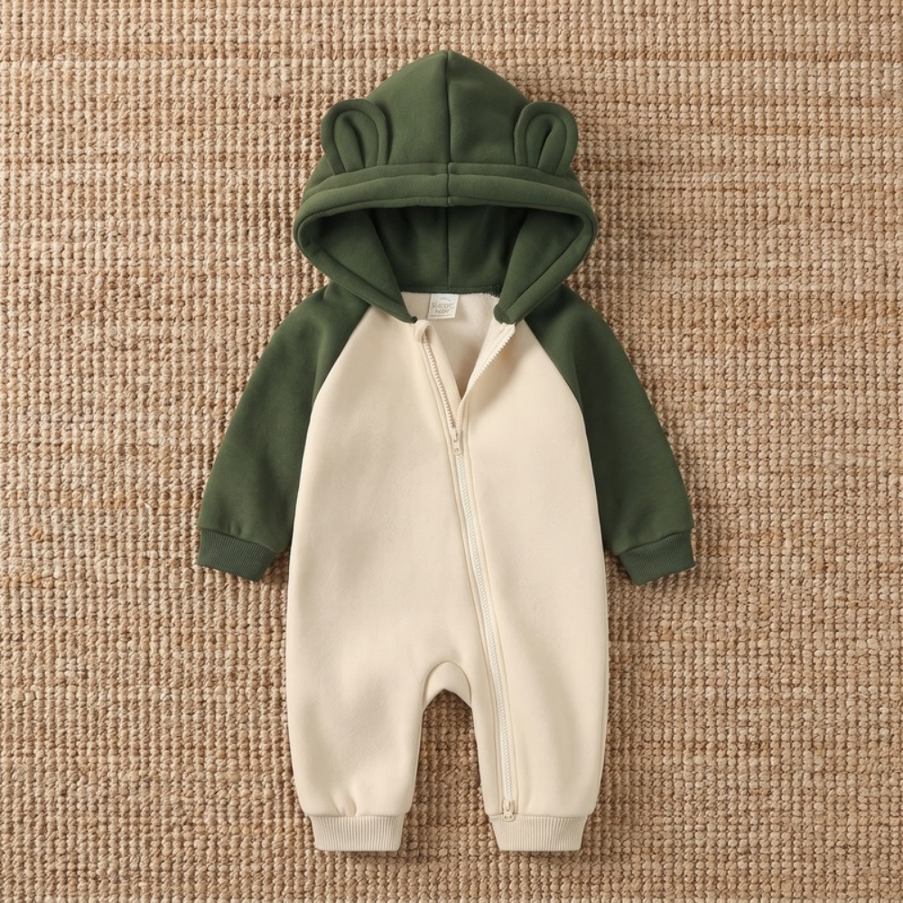 Lilo Cotton Hooded Baby Romper - Forest Green and Cream