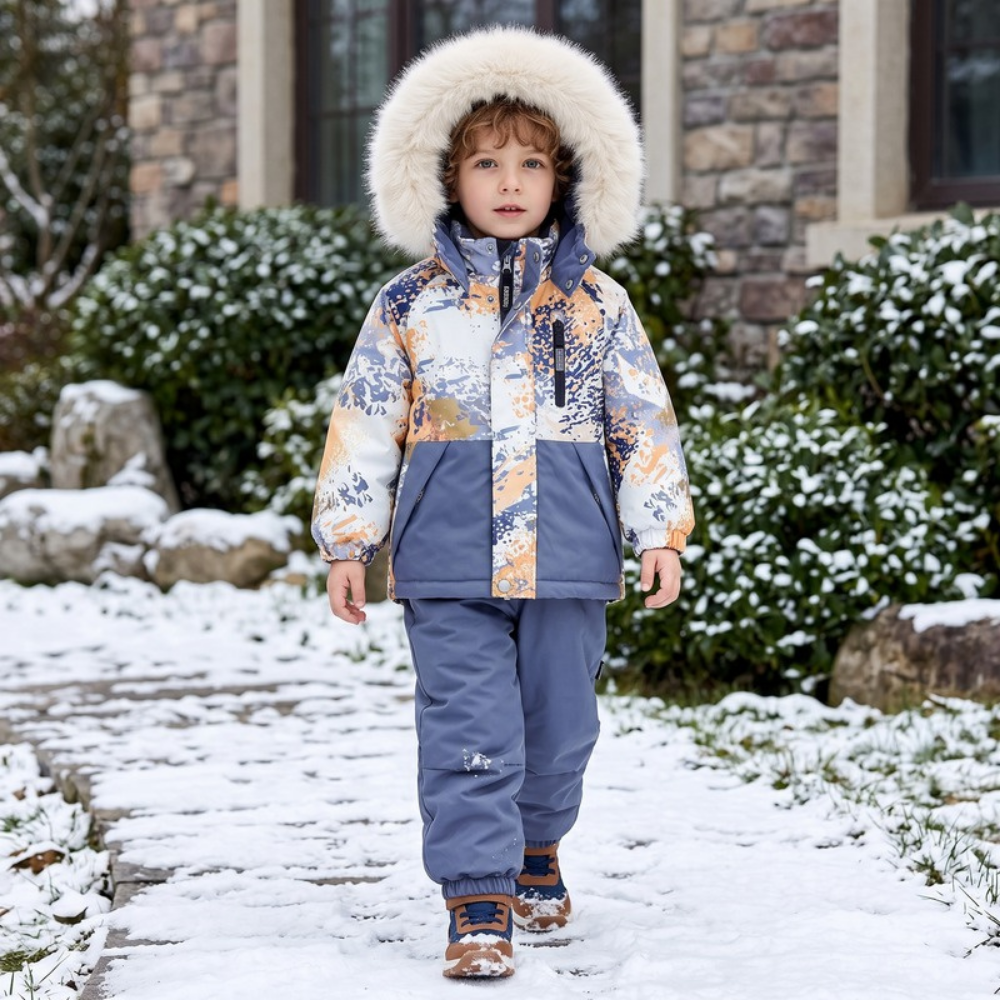 Lilo Boy Waterproof Hooded Snowsuit Set - Slate Blue Marble