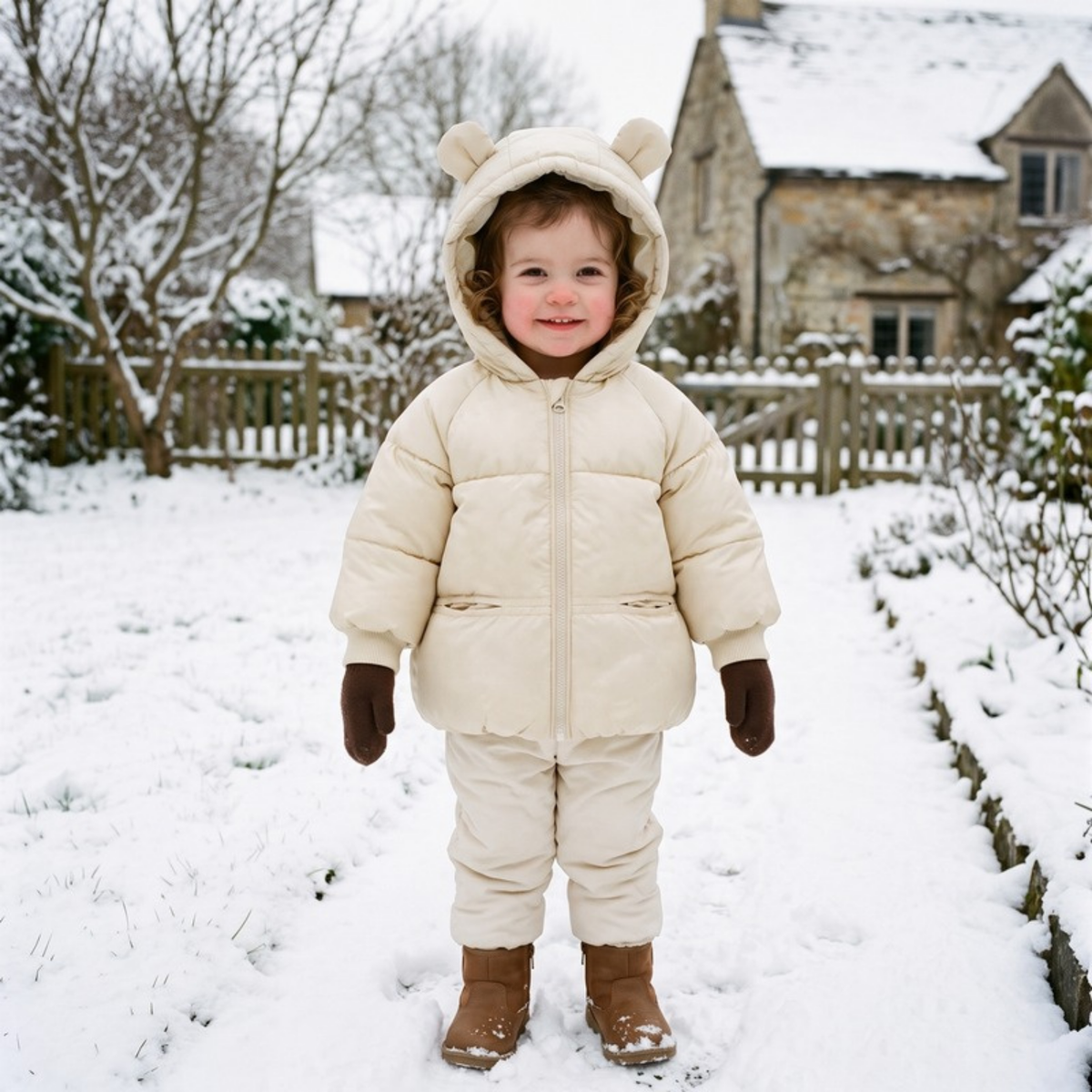 Lilo Cartoon Hooded Baby Coat - Cream