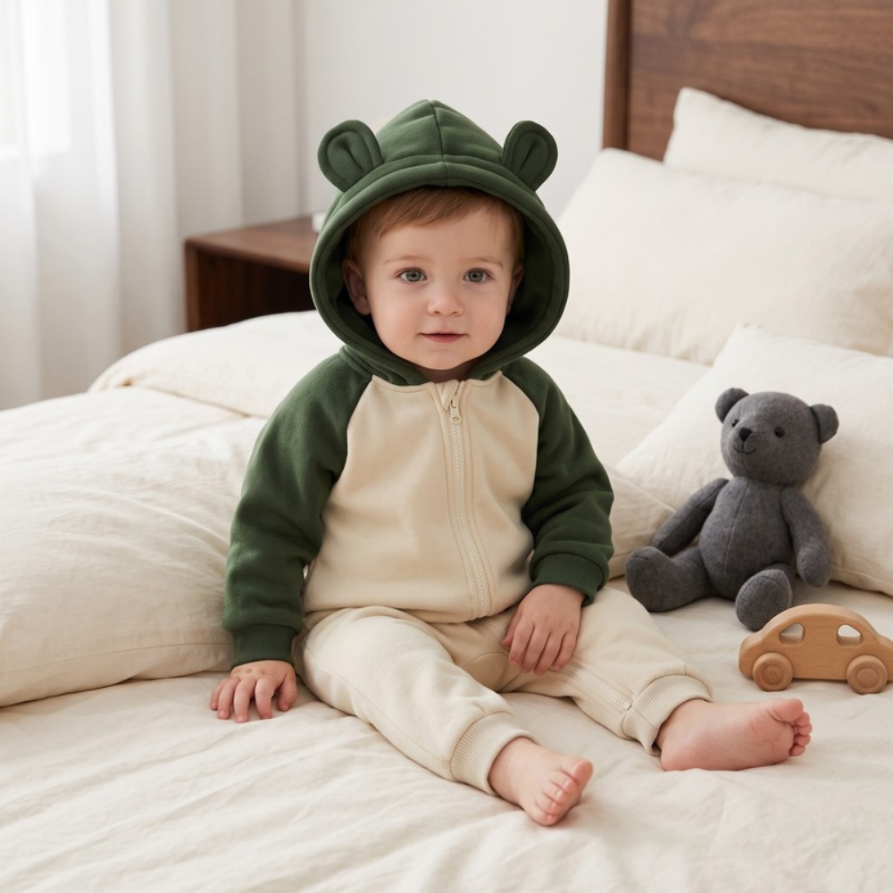 Lilo Cotton Hooded Baby Romper - Forest Green and Cream