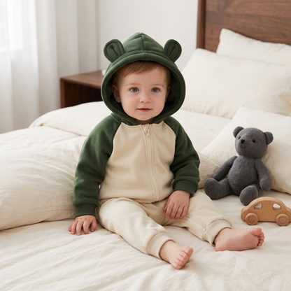 Lilo Cotton Hooded Baby Romper - Forest Green and Cream